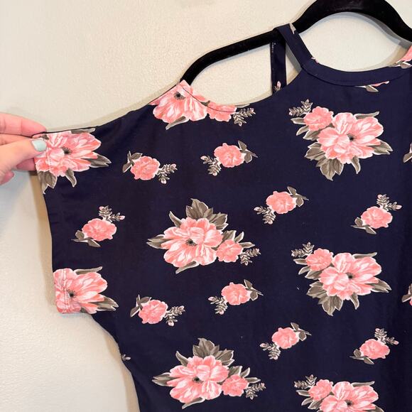 Allison Andrews Blouse Top XL Floral Cold Shoulder Short Sleeves Pullover Blue - Picture 4 of 6